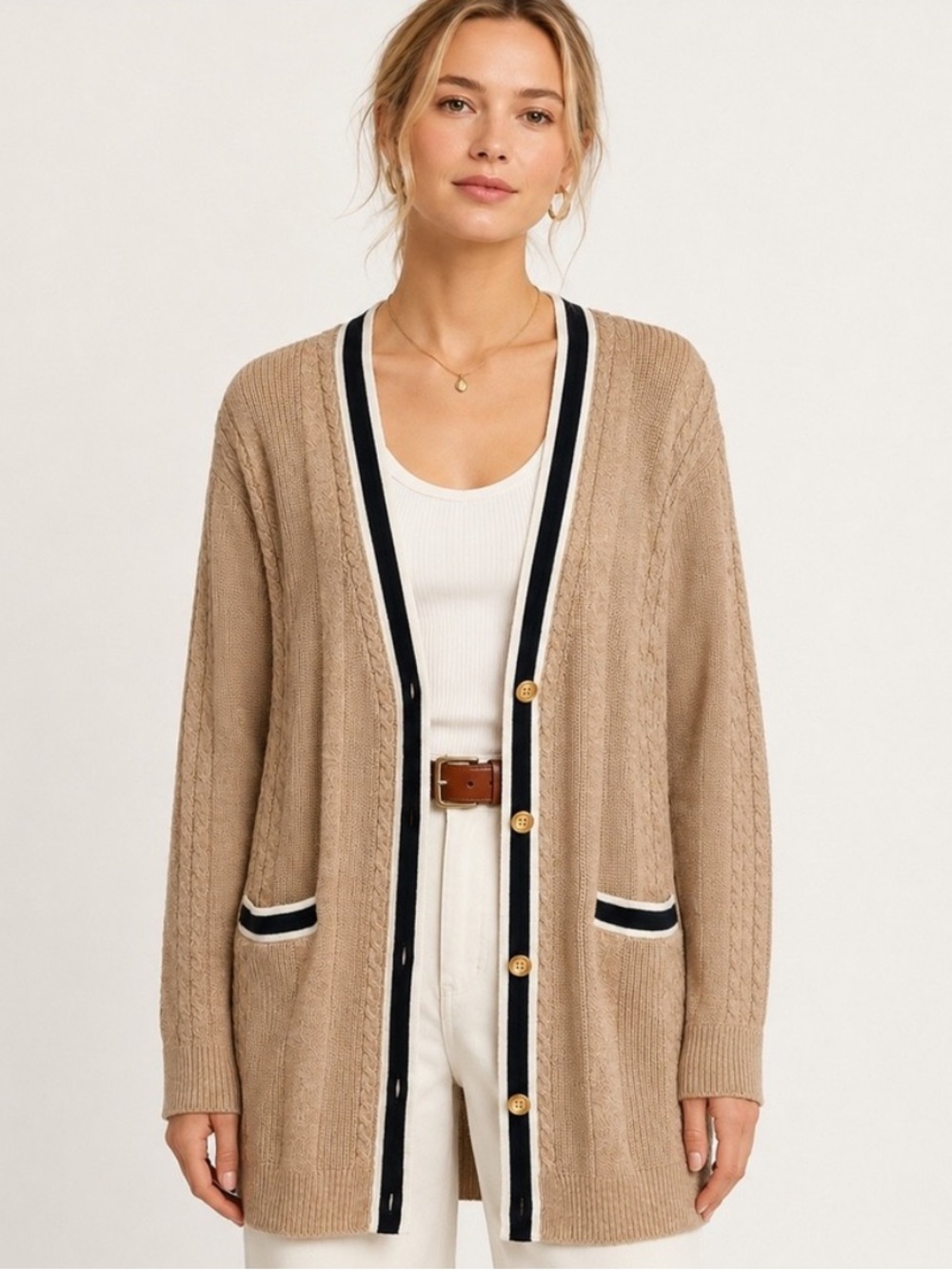 Talbots Plus Cable Knit V-Neck Tipped Cardigan Sweater Sz 2X